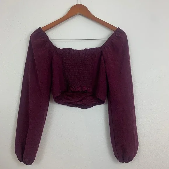 Kirious Los Angeles Women's S Burgundy Corset Crop Top Puff Sleeve Smocked Back - Picture 2 of 7